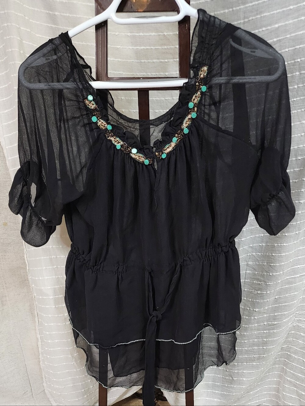 Sheer Silk Black Beaded Turquoise Neck Tie-Waist Tunic